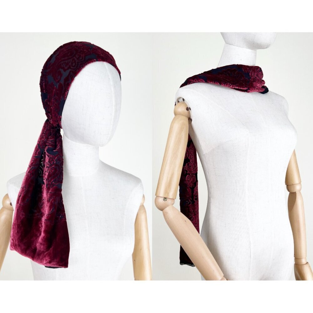 Vintage Silk Velvet Floral Paisley Neck Head Scarf Headband Top 60s 70s Inspired